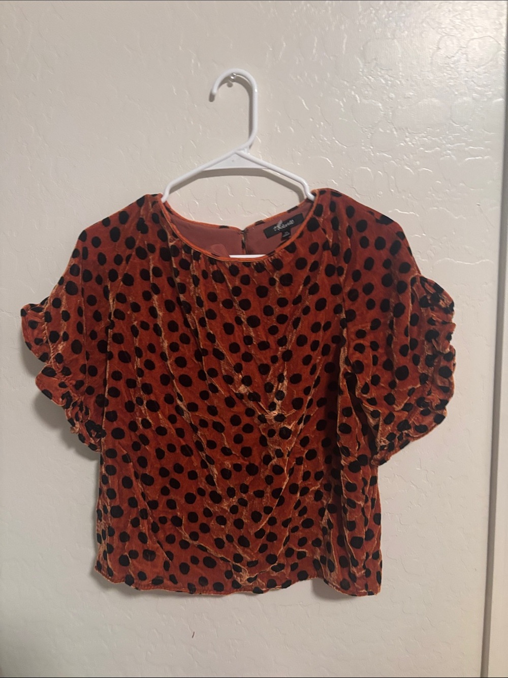 Madewell Rust Orange Velvet Polka Dot Puff Sleeve Top